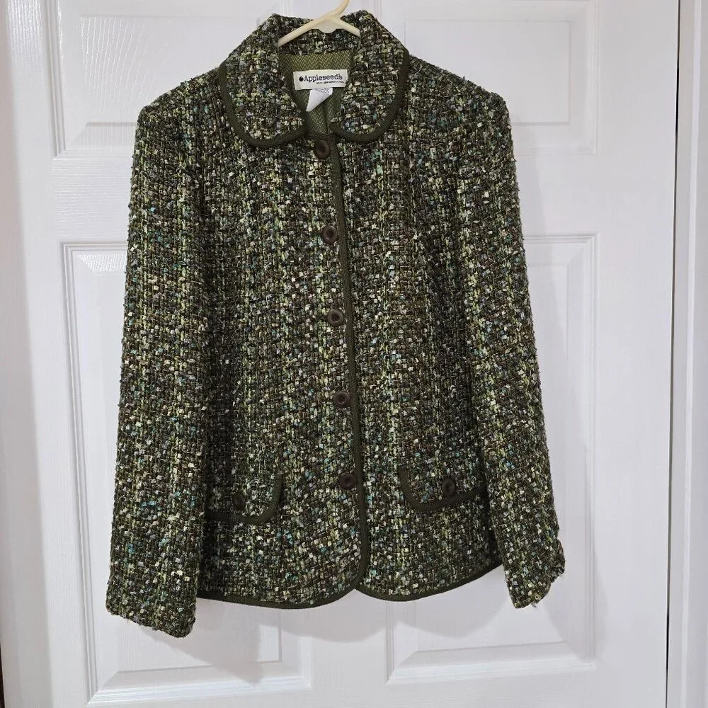 Appleseed's Tweed/Woven Button Up Lined Blazer Front Pockets‎ Olive Green Sz 12